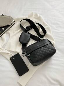 小號拼花方格編織鏈條背包附包，單色迷你拼花紋理方格鏈條背包，大容量休閒肩袋，帶方形拉鍊袋信封包迷你鑽石方格編織包，女式手提袋帶包 - 黑色 - 查看 5