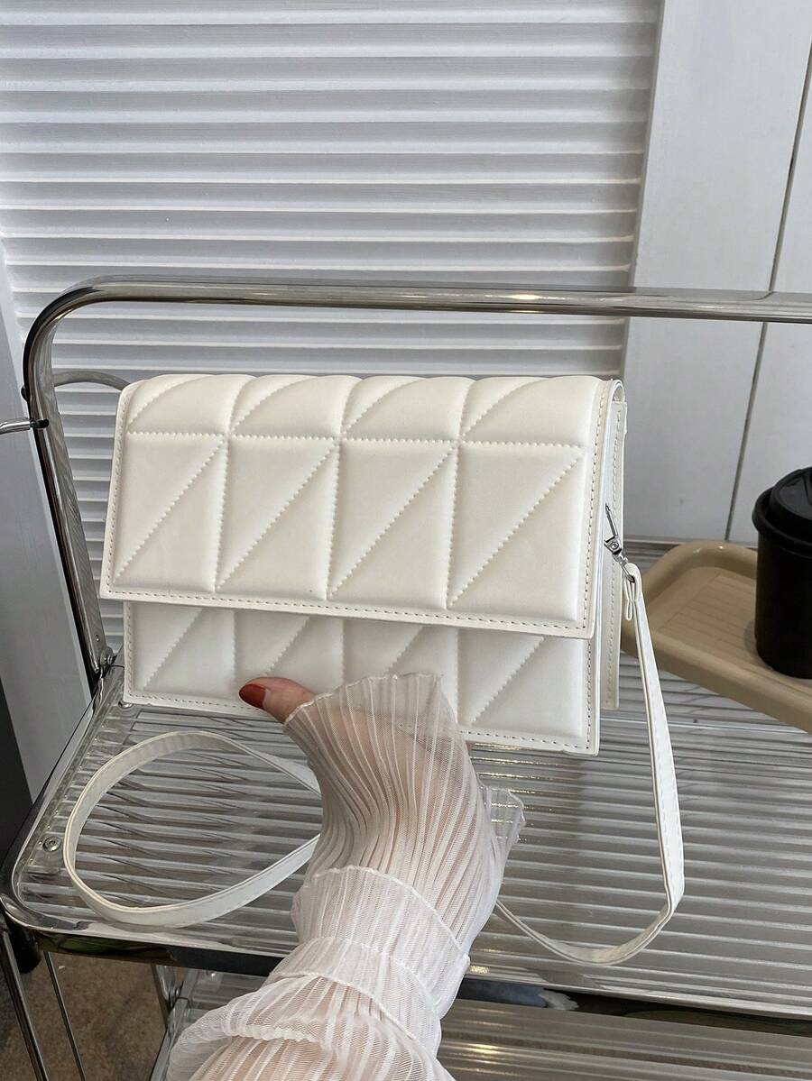 Lightweight,Business Casual Mini Solid Color Quilted Detail Flap Square Shoulder Bag,Plaid Design Crossbody Bag, Simple Purse With Adjustable Strap For Teen Girls Women College Students,Rookies & White-Collar Workers Perfect For Office,College,Work,Business,Commute,Outdoors, Travel, Outings - White - View 1