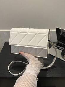 Lightweight,Business Casual Mini Solid Color Quilted Detail Flap Square Shoulder Bag,Plaid Design Crossbody Bag, Simple Purse With Adjustable Strap For Teen Girls Women College Students,Rookies & White-Collar Workers Perfect For Office,College,Work,Business,Commute,Outdoors, Travel, Outings - White - View 2