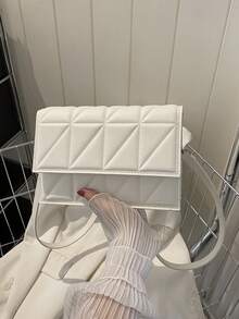 Lightweight,Business Casual Mini Solid Color Quilted Detail Flap Square Shoulder Bag,Plaid Design Crossbody Bag, Simple Purse With Adjustable Strap For Teen Girls Women College Students,Rookies & White-Collar Workers Perfect For Office,College,Work,Business,Commute,Outdoors, Travel, Outings - White - View 6