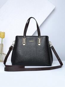 荔枝紋壓花方包PU皮革黑色字母圖案優雅 - 黑色 - 查看 1