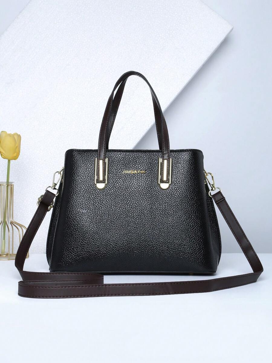 荔枝紋壓花方包PU皮革黑色字母圖案優雅 - 黑色 - 查看 1