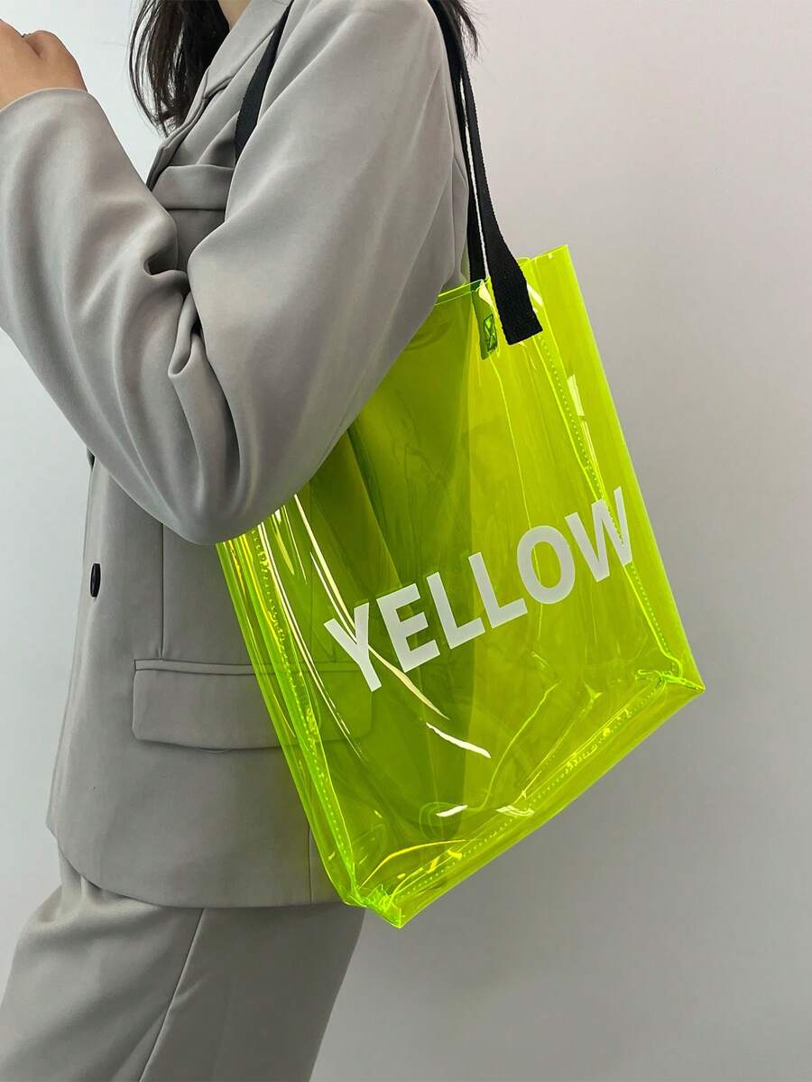 Bolso tote con estampado de letra amarillo flúor PVC miedoso - Amarillo - Ver 1