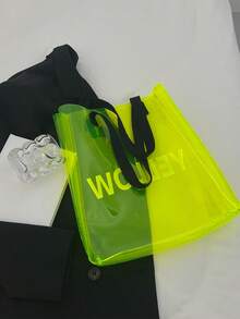 Bolso tote con estampado de letra amarillo flúor PVC miedoso - Amarillo - Ver 2