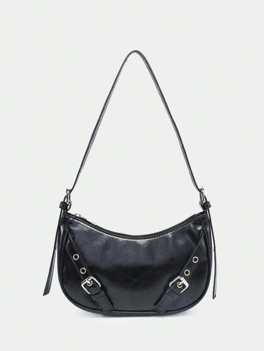 Thời trang Túi Hobo Grommet Lỗ gắn & Khóa Trang trí Dây kéo PU - màu đen - Xem 1