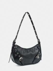 Thời trang Túi Hobo Grommet Lỗ gắn & Khóa Trang trí Dây kéo PU - màu đen - Xem 2