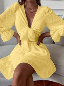Aveloria Swiss Dot Knot Front Flounce Sleeve Ruffle Hem Dress - Yellow - View 1