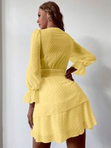 Aveloria Swiss Dot Knot Front Flounce Sleeve Ruffle Hem Dress - Yellow - View 2
