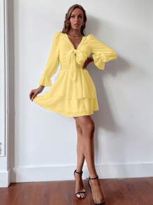 Aveloria Swiss Dot Knot Front Flounce Sleeve Ruffle Hem Dress - Yellow - View 3