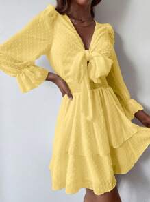 Aveloria Swiss Dot Knot Front Flounce Sleeve Ruffle Hem Dress - Yellow - View 5