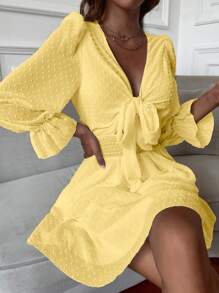 Aveloria Swiss Dot Knot Front Flounce Sleeve Ruffle Hem Dress - Yellow - View 6