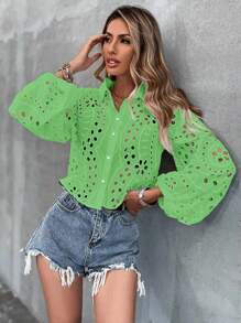 SHEIN VCAY 鏤空網眼刺繡前紐扣襯衫 - 綠色 - 查看 5