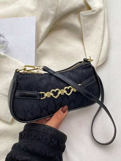 字母圖案法棍包愛心裝飾拉鍊滌綸時尚