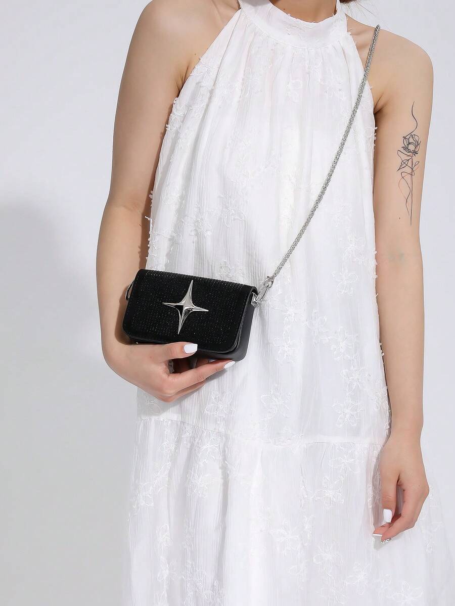 Mini Square Bag Solid Color Star Decor Flap Chain PU Fashionable - Black - View 1