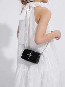 Mini Square Bag Solid Color Star Decor Flap Chain PU Fashionable - Black - View 2