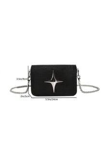 Mini Square Bag Solid Color Star Decor Flap Chain PU Fashionable - Black - View 4