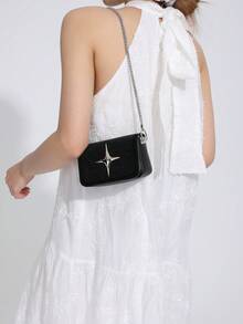 Mini Square Bag Solid Color Star Decor Flap Chain PU Fashionable - Black - View 5