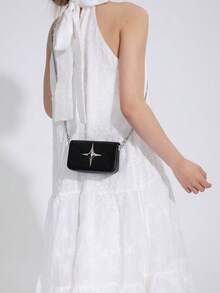 Mini Square Bag Solid Color Star Decor Flap Chain PU Fashionable - Black - View 6