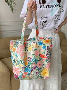 Summer Floral Bag,Large Capacity Canvas Bag,Beach Bag,Shopping Bag,Shoulder Bag,Summer Essentials,Perfect For Vacation & Holiday,School Bag,Large Capacity,Portable,For Teen Girls Women College Students,White-Collar Workers,Perfect For Work,Back To School,Middle School,High School,College,Vacation