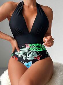 SHEIN Swim Tropical Print Halter One Piece Swimsuit - Multicolor - View 1