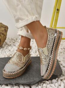 Women Rhinestone Decor Slip On Flats, Glamorous Outdoor Loafer Flats - Gold - View 2