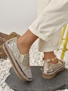 Women Rhinestone Decor Slip On Flats, Glamorous Outdoor Loafer Flats - Gold - View 3