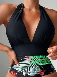 SHEIN Swim Tropical Print Halter One Piece Swimsuit - Multicolor - View 4