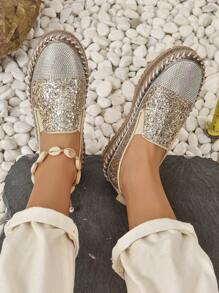 Women Rhinestone Decor Slip On Flats, Glamorous Outdoor Loafer Flats - Gold - View 4