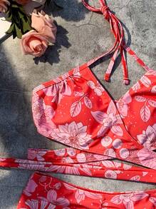 印花交叉掛脖比基尼泳裝 - 彩色 - 查看 3