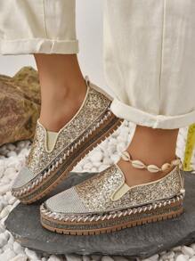 Women Rhinestone Decor Slip On Flats, Glamorous Outdoor Loafer Flats - Gold - View 6