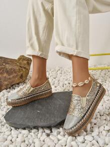 Women Rhinestone Decor Slip On Flats, Glamorous Outdoor Loafer Flats - Gold - View 7
