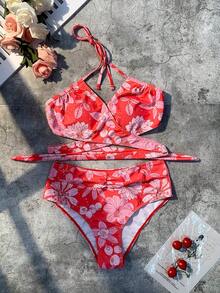 印花交叉掛脖比基尼泳裝 - 彩色 - 查看 5