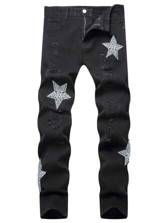 男士星星补丁破洞磨边碎布缝线牛仔裤