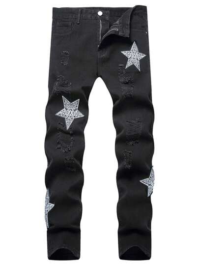 Men Star Patched Ripped Frayed Rag Stitching Jeans