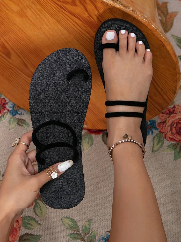 1 Pair Women's Black Slippers For Outdoor Wear, Flat Slide Sandals, Summer New Arrival - Black - View 3