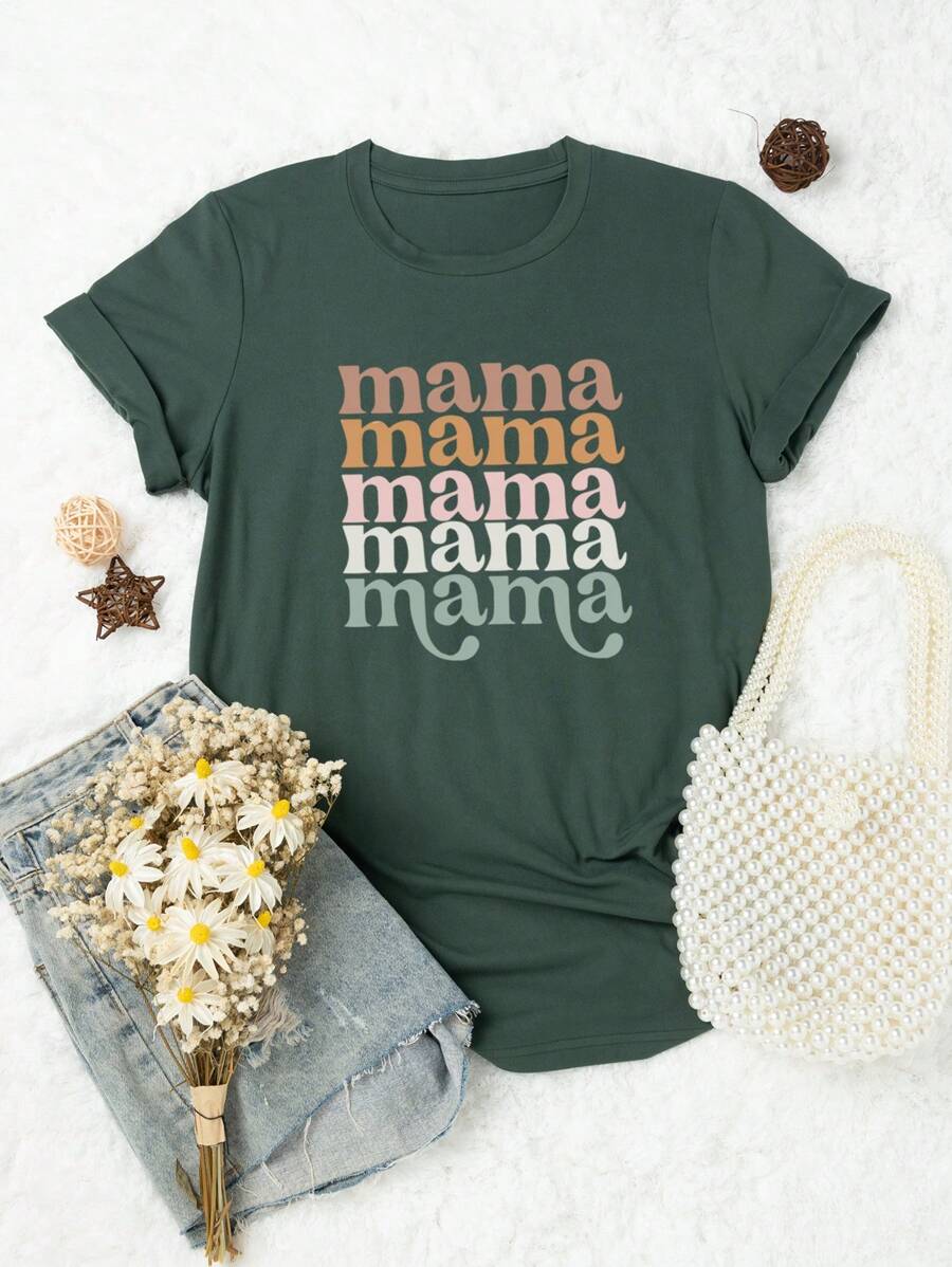 Calvaya Áo thun Plus size Lá thư Giải trí - Màu xanh lá cây đậm - Xem 1