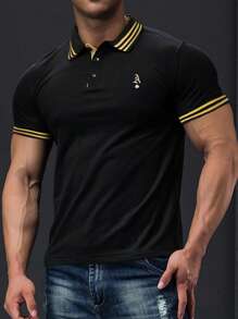 Manfinity Homme Áo thun có cổ Nam Nút Nút phía trước Sọc Công việc - màu đen - Xem 1