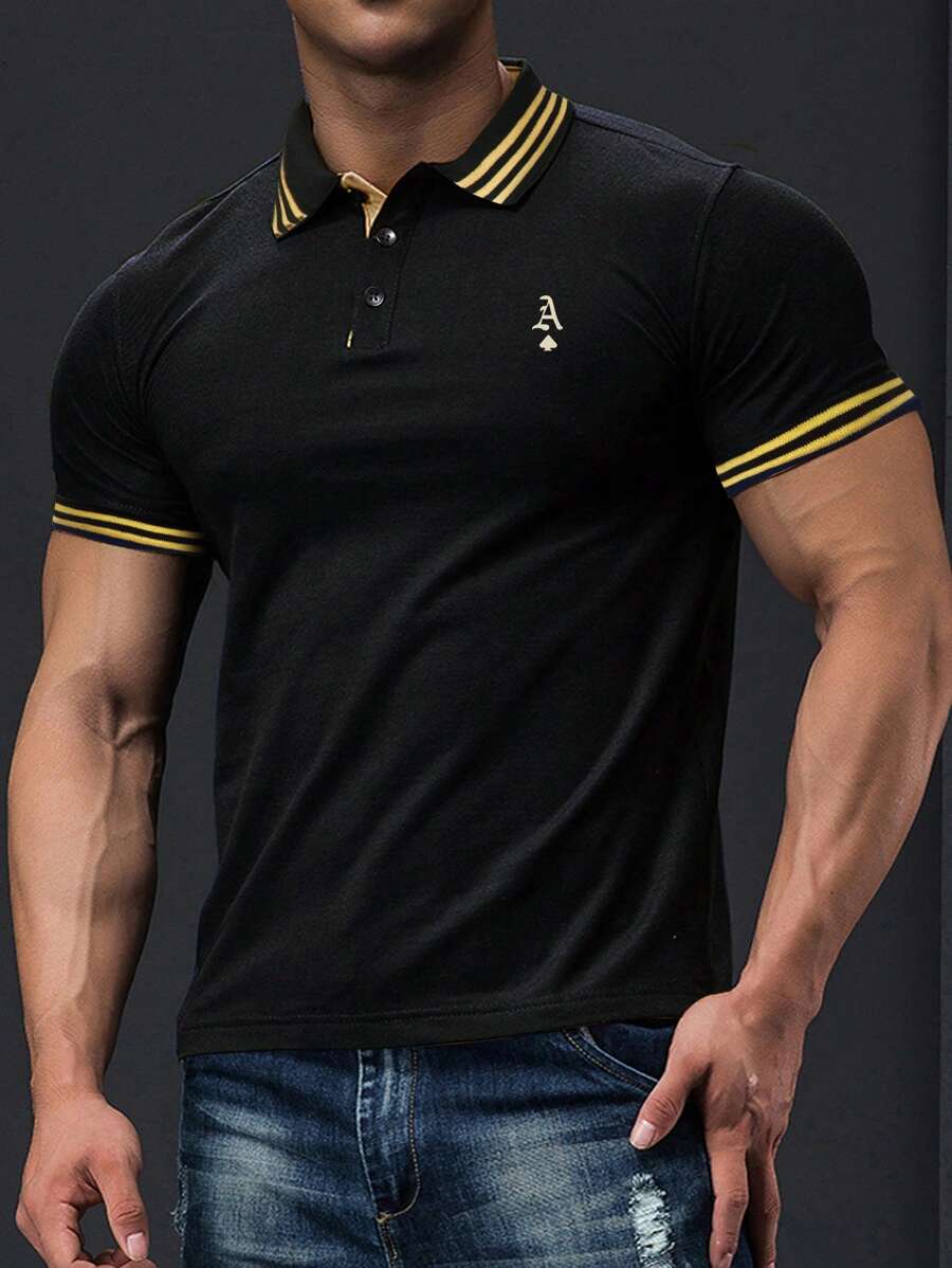 Manfinity Homme Áo thun có cổ Nam Nút Nút phía trước Sọc Công việc - màu đen - Xem 1