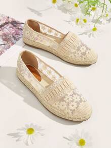 Floral Embroidered Lace Panel Espadrille Flat Loafers - Apricot - View 1