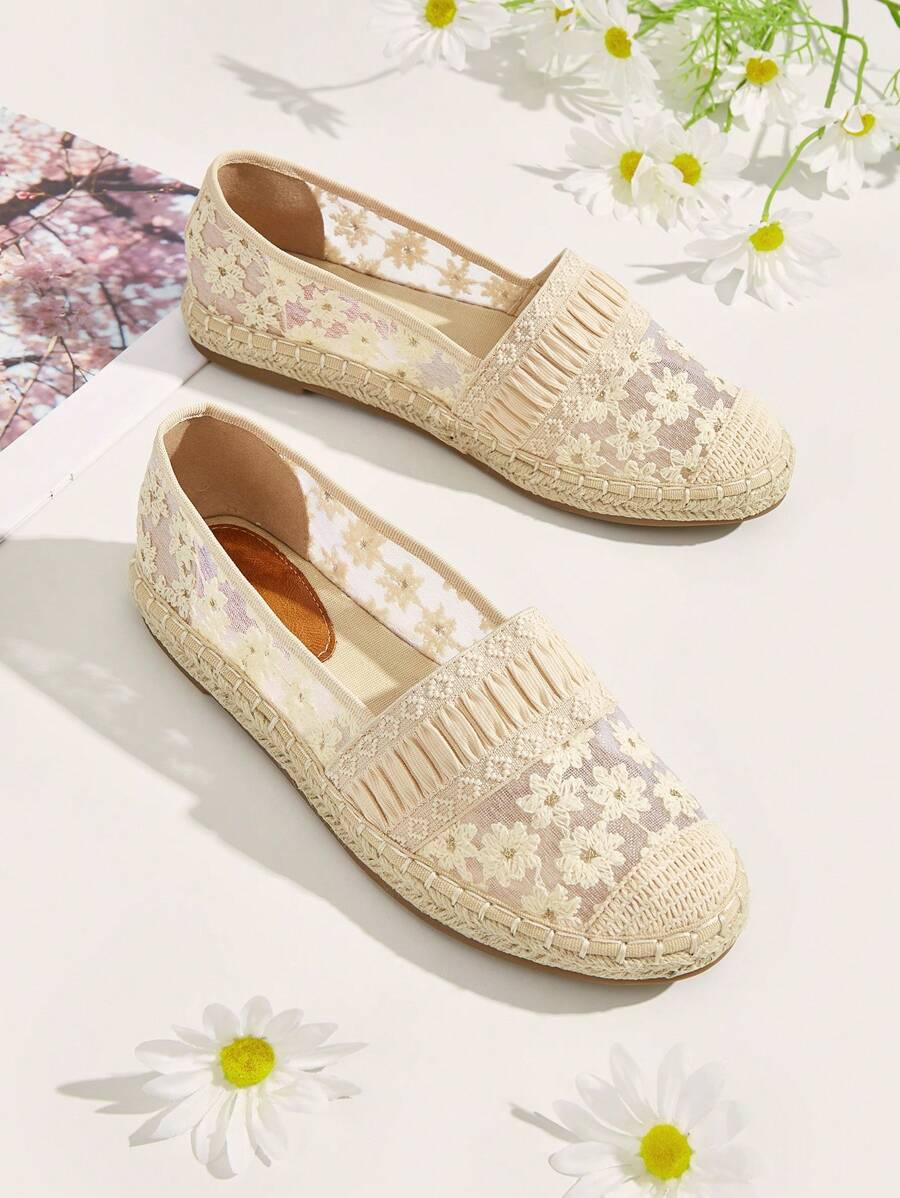 Floral Embroidered Lace Panel Espadrille Flat Loafers - Apricot - View 1