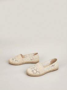 Floral Embroidered Lace Panel Espadrille Flat Loafers - Apricot - View 2