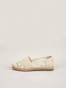 Floral Embroidered Lace Panel Espadrille Flat Loafers - Apricot - View 3