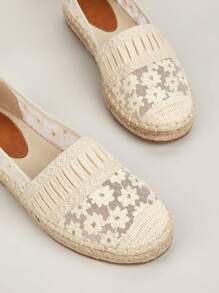 Floral Embroidered Lace Panel Espadrille Flat Loafers - Apricot - View 5