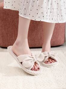 Fall/Winter Women Bow Decor Home Slippers, Fashion Open Toe Bedroom Slippers For Spring Autumn,Fluffy Slippers - Beige - View 2