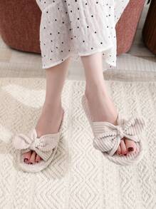 Fall/Winter Women Bow Decor Home Slippers, Fashion Open Toe Bedroom Slippers For Spring Autumn,Fluffy Slippers - Beige - View 3