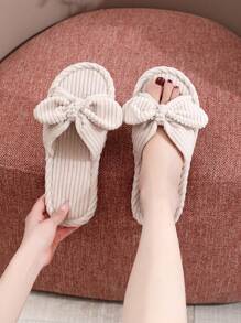 Fall/Winter Women Bow Decor Home Slippers, Fashion Open Toe Bedroom Slippers For Spring Autumn,Fluffy Slippers - Beige - View 5