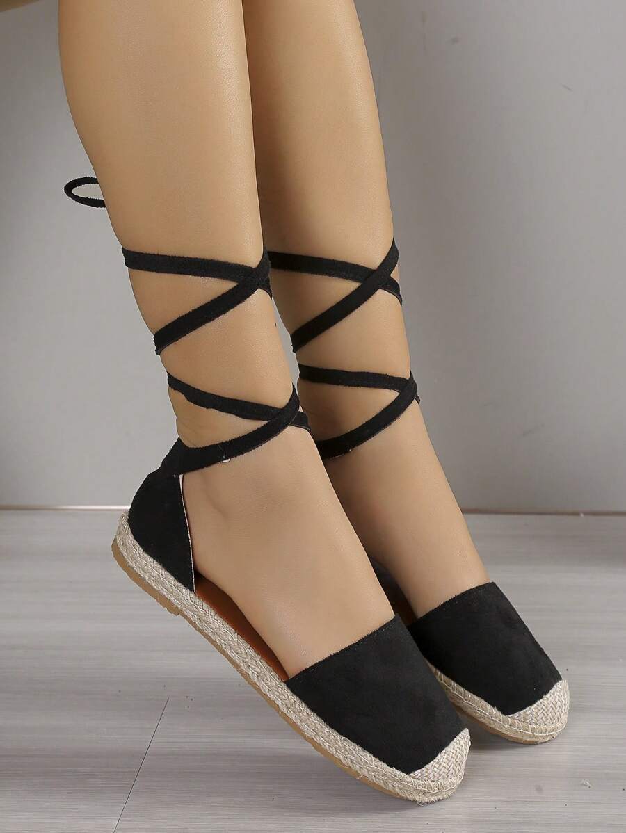 女士腿部繫帶編織度假戶外織物草編鞋 - 黑色 - 查看 1