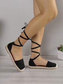 女士腿部繫帶編織度假戶外織物草編鞋 - 黑色 - 查看 2