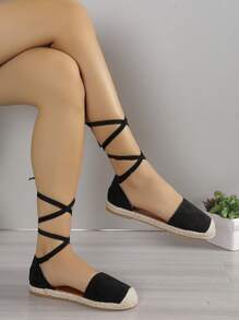 女士腿部繫帶編織度假戶外織物草編鞋 - 黑色 - 查看 3