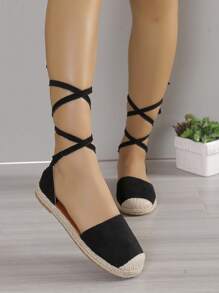 女士腿部繫帶編織度假戶外織物草編鞋 - 黑色 - 查看 4